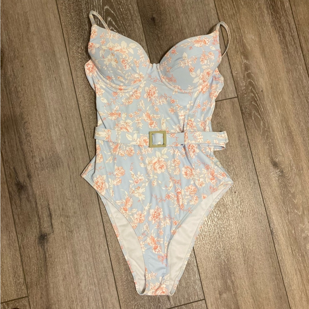 WeWoreWhat Floral Belted Danielle Bernstein One Piece Swimsuit